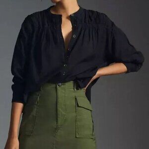 Anthropologie Pilcro Black Rouched Shoulder Long Sleeve Henley Blouse Size 1X